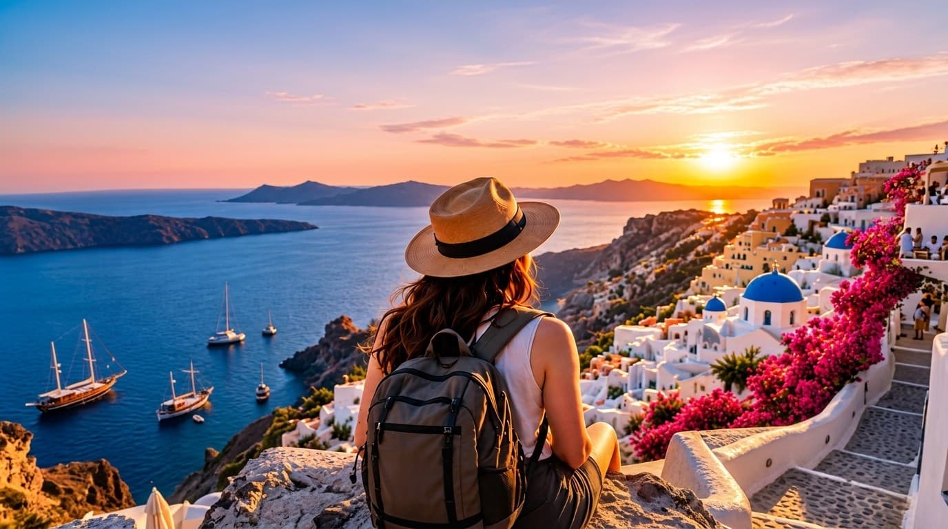 Traveler perspective - traveler overlooking Santorini sunset and sea
